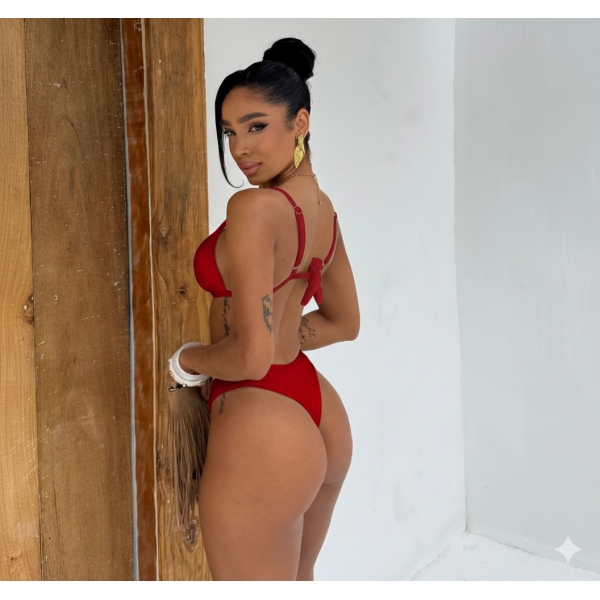 Biquíni Top Fixo Calcinha Asa Delta Fio Textura De Conchas - Vermelho
