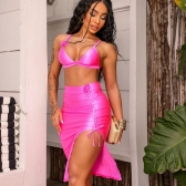 Kit 3 Peças Biquíni Flor Calcinha Fio Com Saia Midi - Rosa