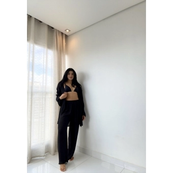 Blusa E Calça Em Tecido Leve  Saída De Praia Lisa
