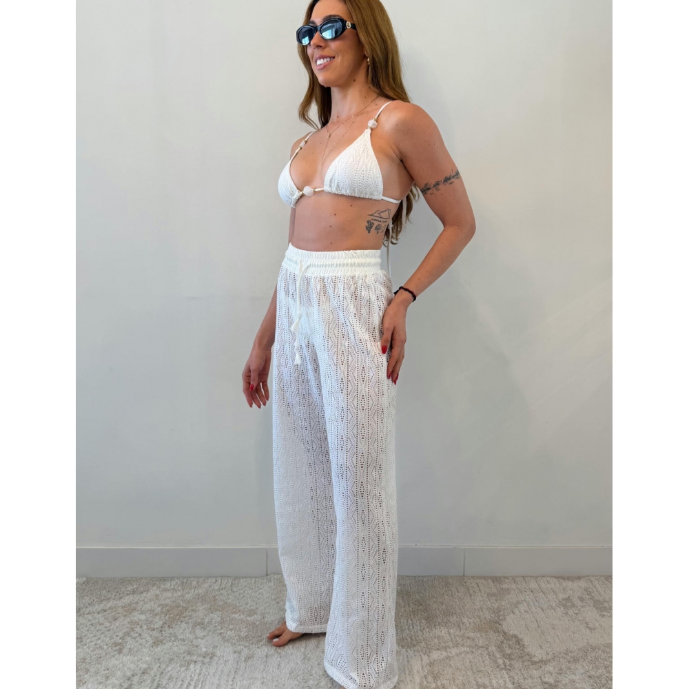 Conjunto Triquíni Cortininha Com Calça Pantalona 3 Peças - Branco
