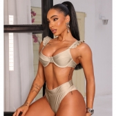 Biquíni Hot Pants De Babado Meia Taça Calcinha Fio Duplo - Bege