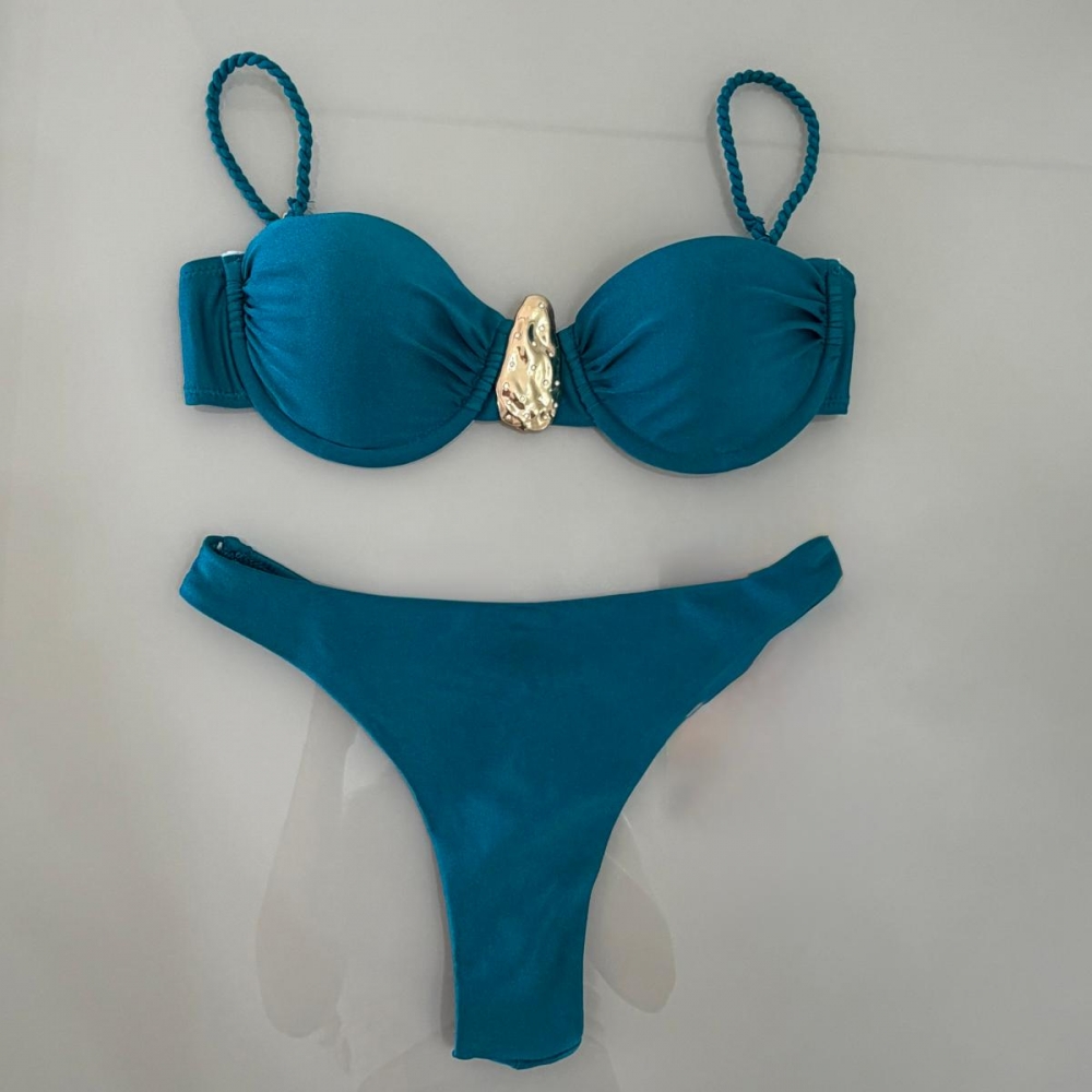Biquíni  Alças De Tranças E Broche Removível E Fio Duplo - Azul celeste
