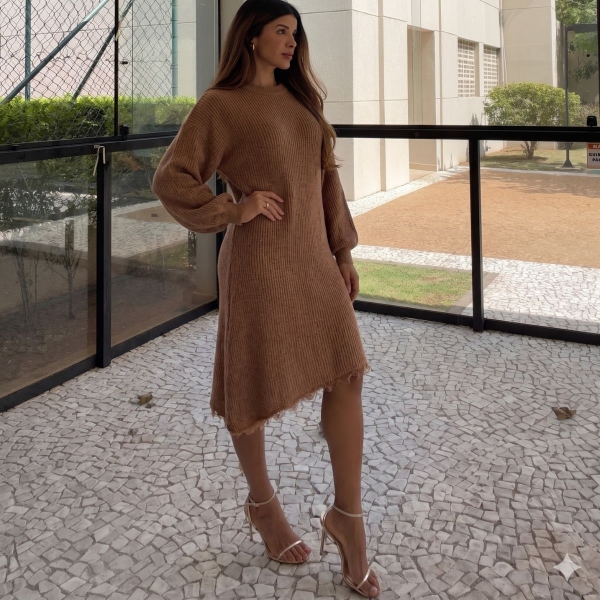 Vestido Tricot Mousse Feminino com Renda – Manga Longa - Caramelo