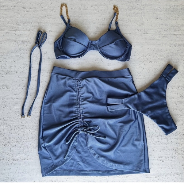 Kit 03 Itens Biquíni Corrente E Lisa Calcinha Com Tiras - Azul
