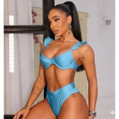 Biquíni Hot Pants De Babado Meia Taça Calcinha Fio Duplo - Azul