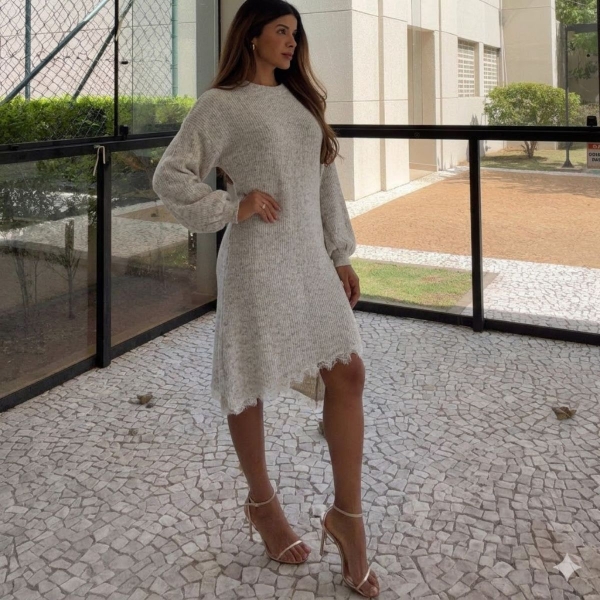 Vestido Tricot Mousse Feminino com Renda – Manga Longa - Mescla