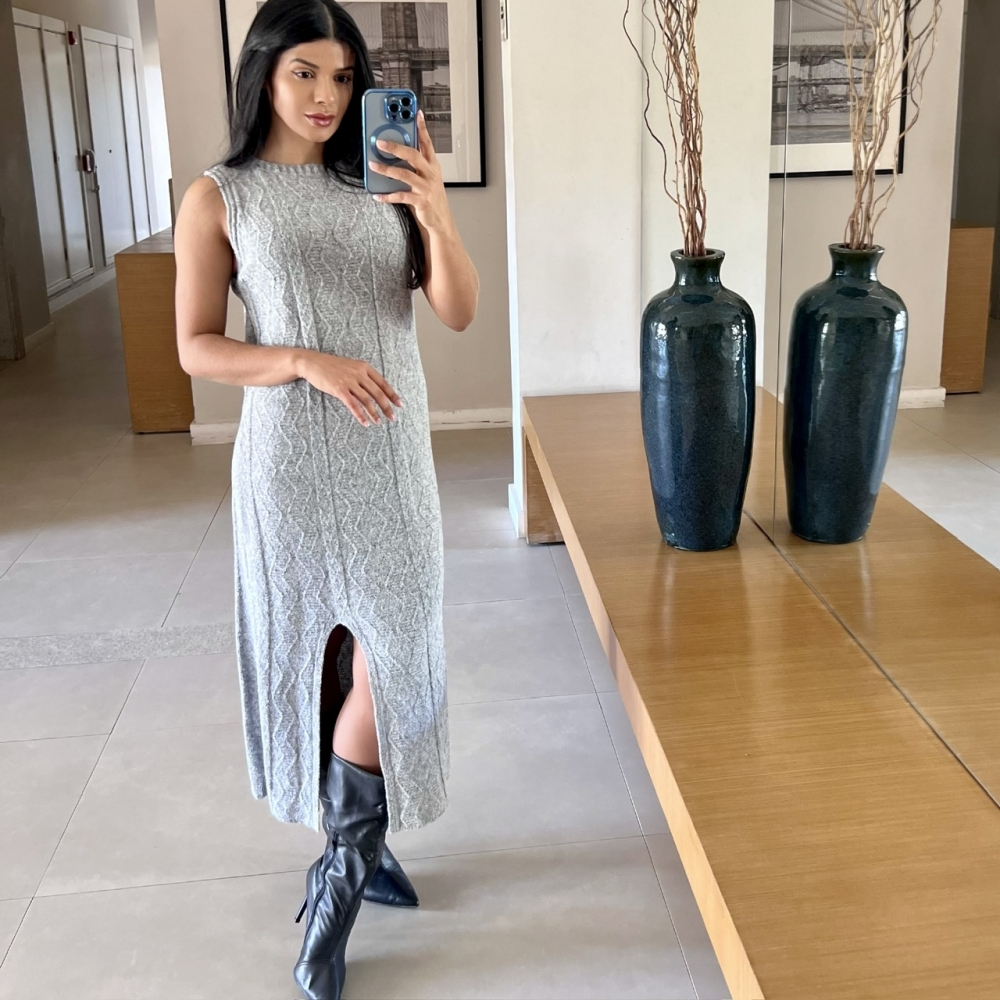 Vestido De Tricot Regata Midi - Cinza