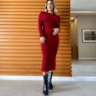 Vestido De Tricot Ombro a Ombro Mídi