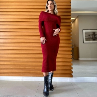 Vestido De Tricot Ombro a Ombro Mídi