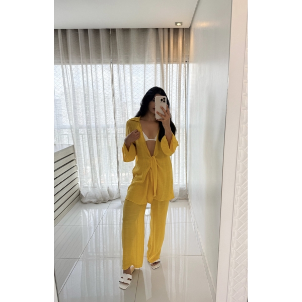 Blusa E Calça Em Tecido Leve  Saída De Praia Lisa - Amarelo
