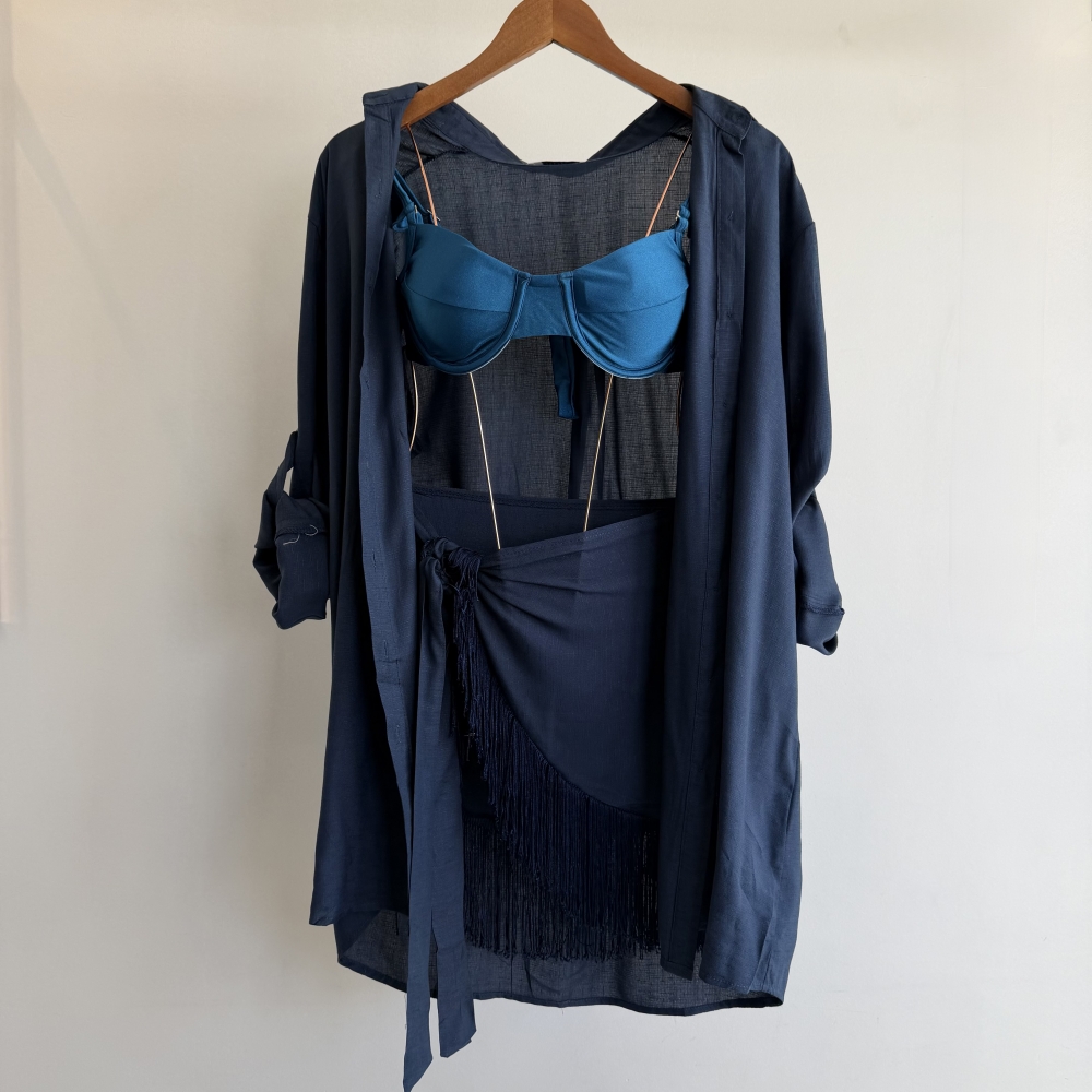 Conj Saída De Praia Chemise Manga Longa E Saia Franja Resort - Azul Marinho