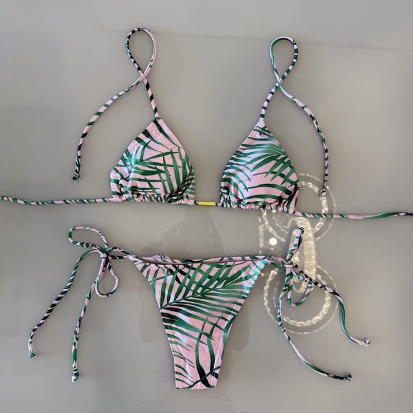 Biquini Cortininha E Calcinha Fio E C/amarrações Laterais - Rosa / Verde