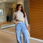 Blusa Cropped Mousse Feminina Elly Modas Manga Longa Inverno - Bege