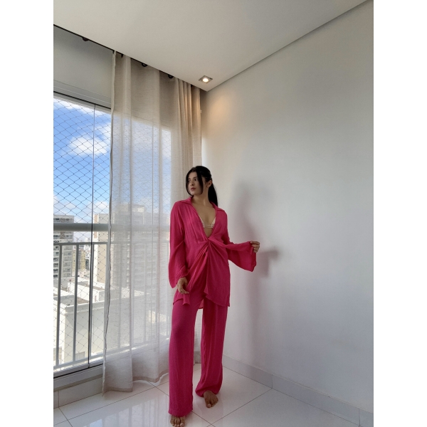 Blusa E Calça Em Tecido Leve  Saída De Praia Lisa - Pink