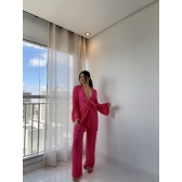 Blusa E Calça Em Tecido Leve  Saída De Praia Lisa - Pink