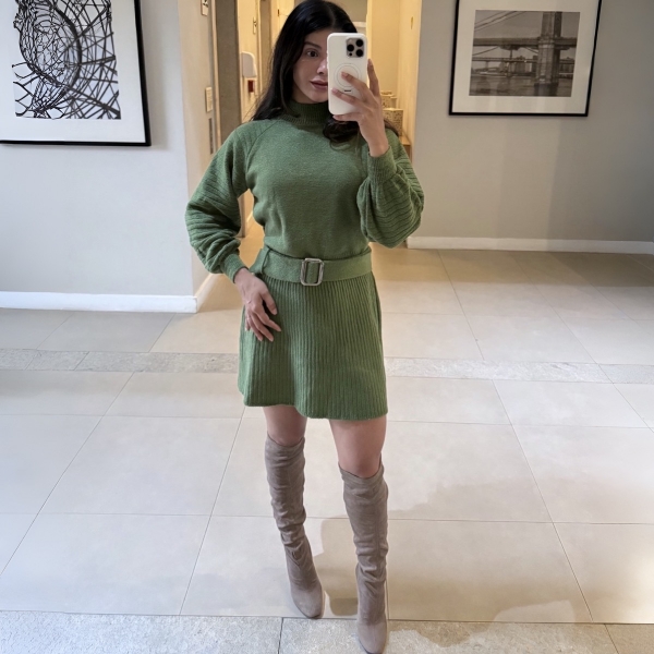 Conjunto Tricot Blusa E Saia Plissada C Cinto Tecido Mousse - Verde