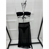 Kit 3 Ítens Biquíni Saia Longa Transparente Pérolas Laterais - Preto