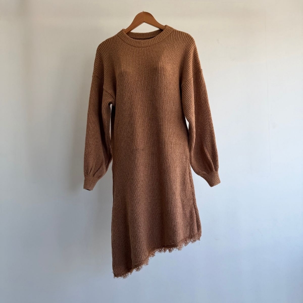 Vestido Tricot Mousse Feminino com Renda – Manga Longa - Caramelo