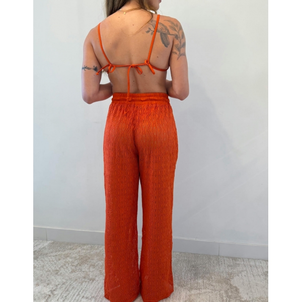 Conjunto Triquíni Cortininha Com Calça Pantalona 3 Peças - Laranja-escuro