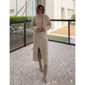 Conjunto Tricot Blusa com Cachecol Fixo Saia Midi com Fenda - Areia