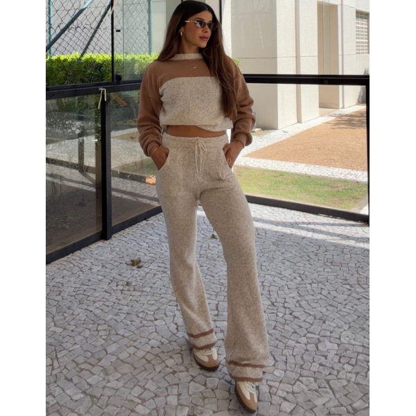 Conjunto Bicolor Tricot Inverno Blusa E Calça Pantalona - Bege/Caramelo