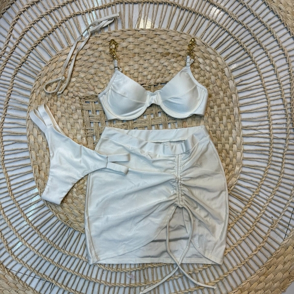 Kit 03 Itens Biquíni Corrente E Lisa Calcinha Com Tiras - Off