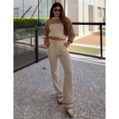 Conjunto Bicolor Tricot Inverno Blusa E Calça Pantalona - Bege/Caramelo
