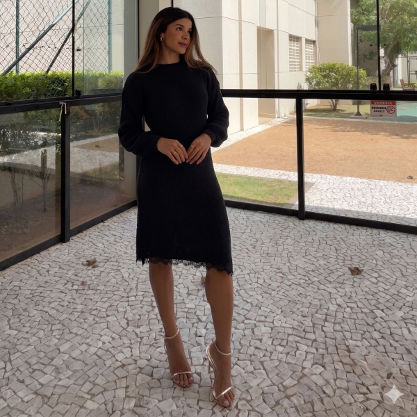 Vestido Tricot Mousse Feminino com Renda – Manga Longa - Preto