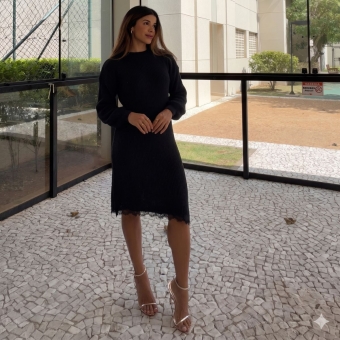 Vestido Tricot Mousse Feminino com Renda – Manga Longa