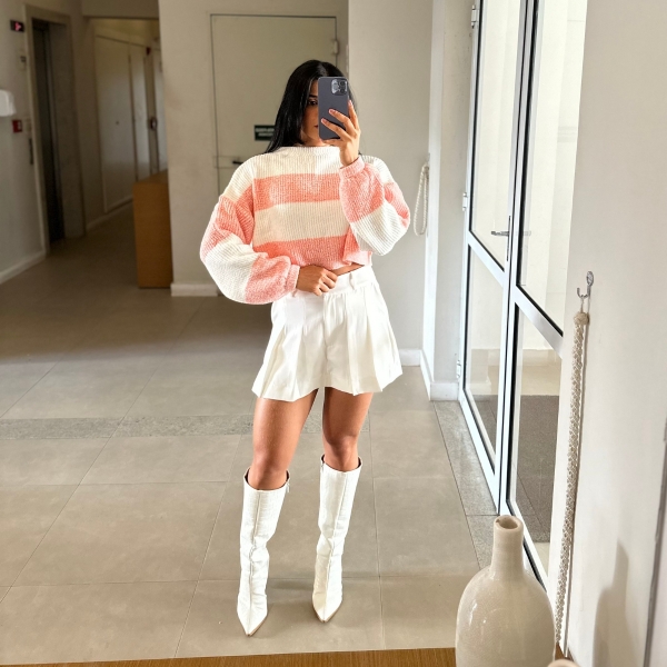 Cropped de Tricot Mousse Algodão Doce - Laranja e Branco