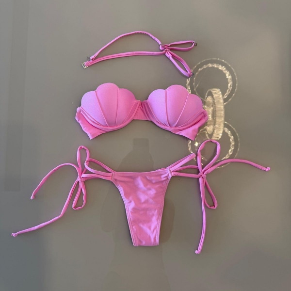 Biquíni Top Concha Calcinha Fio Duplo Com Amarrações - Rosa Bebe