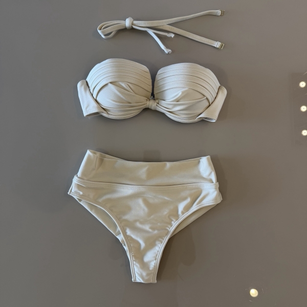 Kit 3 Itens Biquini Cintura Alta Top 2 Em 1 Bojo Estruturado - Off