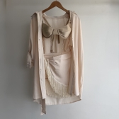 Conj Saída De Praia Chemise Manga Longa E Saia Franja Resort - Bege