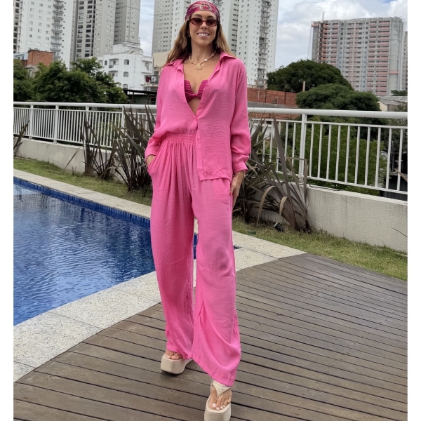 Saída de Praia Feminina Conjunto Camisa e Calça - Rosa