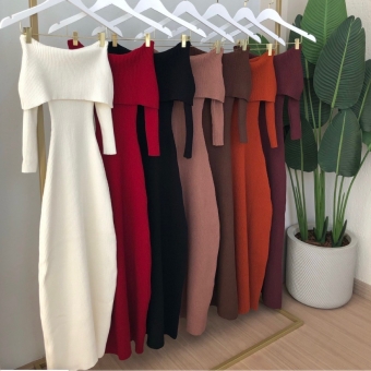Vestido Modal Canelado Ombro a Ombro Midi com Manga Longa