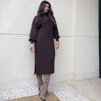 Vestido De Tricot Graça Canelado Midi Com Fendas