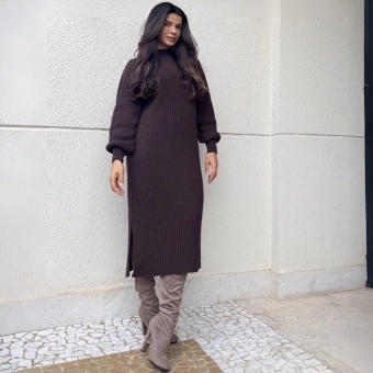 Vestido De Tricot Graça Canelado Midi Com Fendas