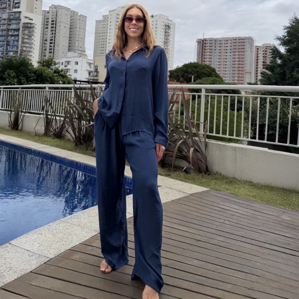 Saída de Praia Feminina Conjunto Camisa e Calça - Azul Marinho