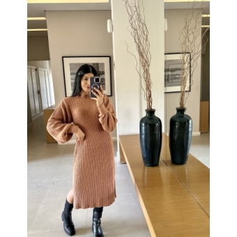 Vestido De Tricot Graça Canelado Midi Com Fendas