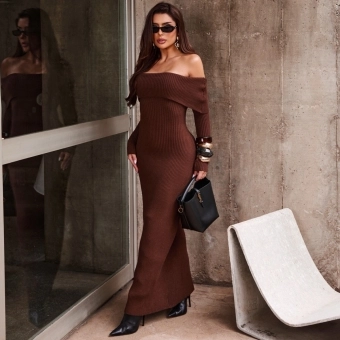 Vestido Modal Canelado Ombro a Ombro Midi com Manga Longa