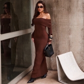 Vestido Modal Canelado Ombro a Ombro Midi com Manga Longa - Marrom