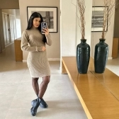 Vestido De Tricot Mousse Curto Canelado - Bege Escuro