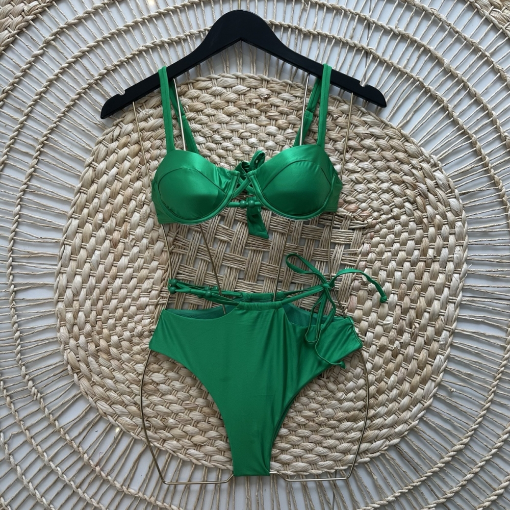 Biquíni de Cintura Alta e Amarração Fashion - Verde