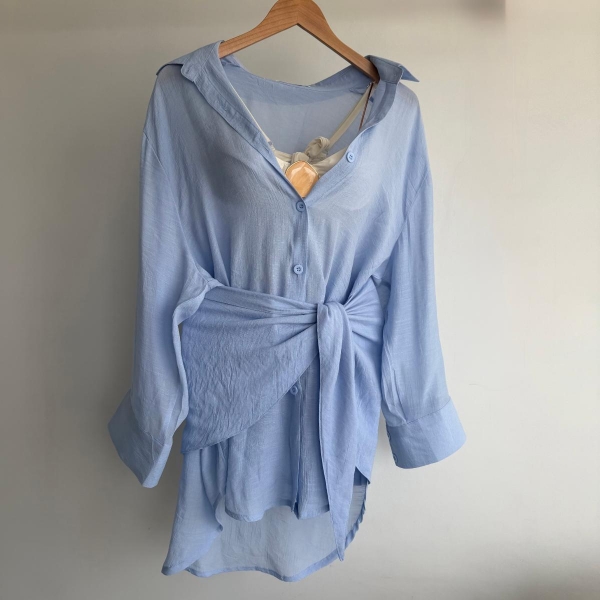 Saída De Praia Feminina Camisa E Saia Envelope - Azul Claro