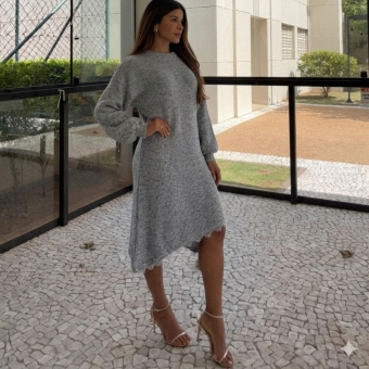 Vestido Tricot Mousse Feminino com Renda – Manga Longa