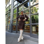 Vestido De Tricot Mousse Midi Forma Geométrica Corrente Nas Mangas - Marrom