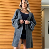 Novo Cardigan Tricot Mousse Liso Básico - Grafite