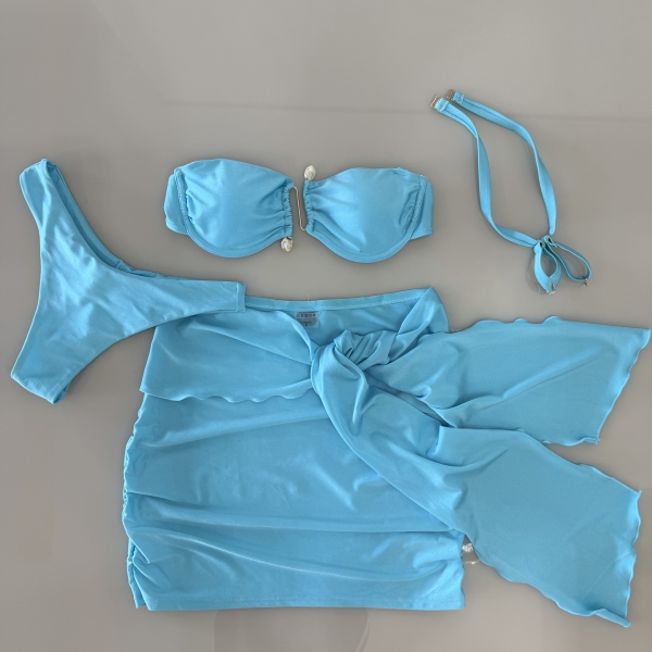 Kit Biquini Aplique Em Pedraria + Saia Com Amarração Frontal - Azul