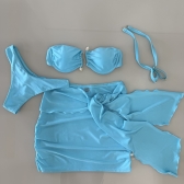 Kit Biquini Aplique Em Pedraria + Saia Com Amarração Frontal - Azul