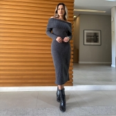 Vestido De Tricot Ombro a Ombro Mídi - Cinza Escuro